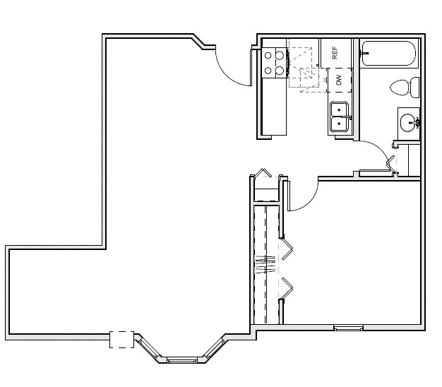 Floor plan for 1 bed, 1 bath, 653 sqft
